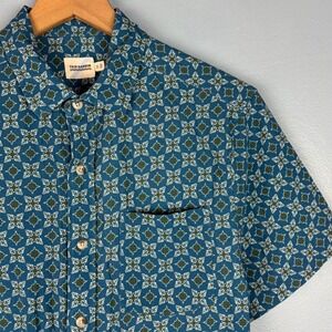 Fair Harbor Mens Small Blue Geometric Short Sleeve Button Up Cotton Blend Shirt